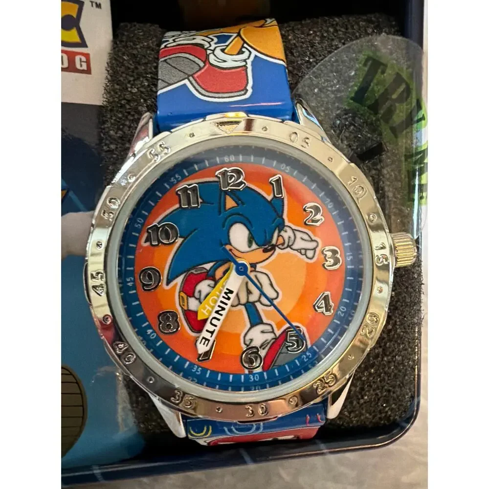 SEGA Sonic The Hedgehog Kids Wrist Watch Lighted Blue Band w/ Tin Accutime NEW